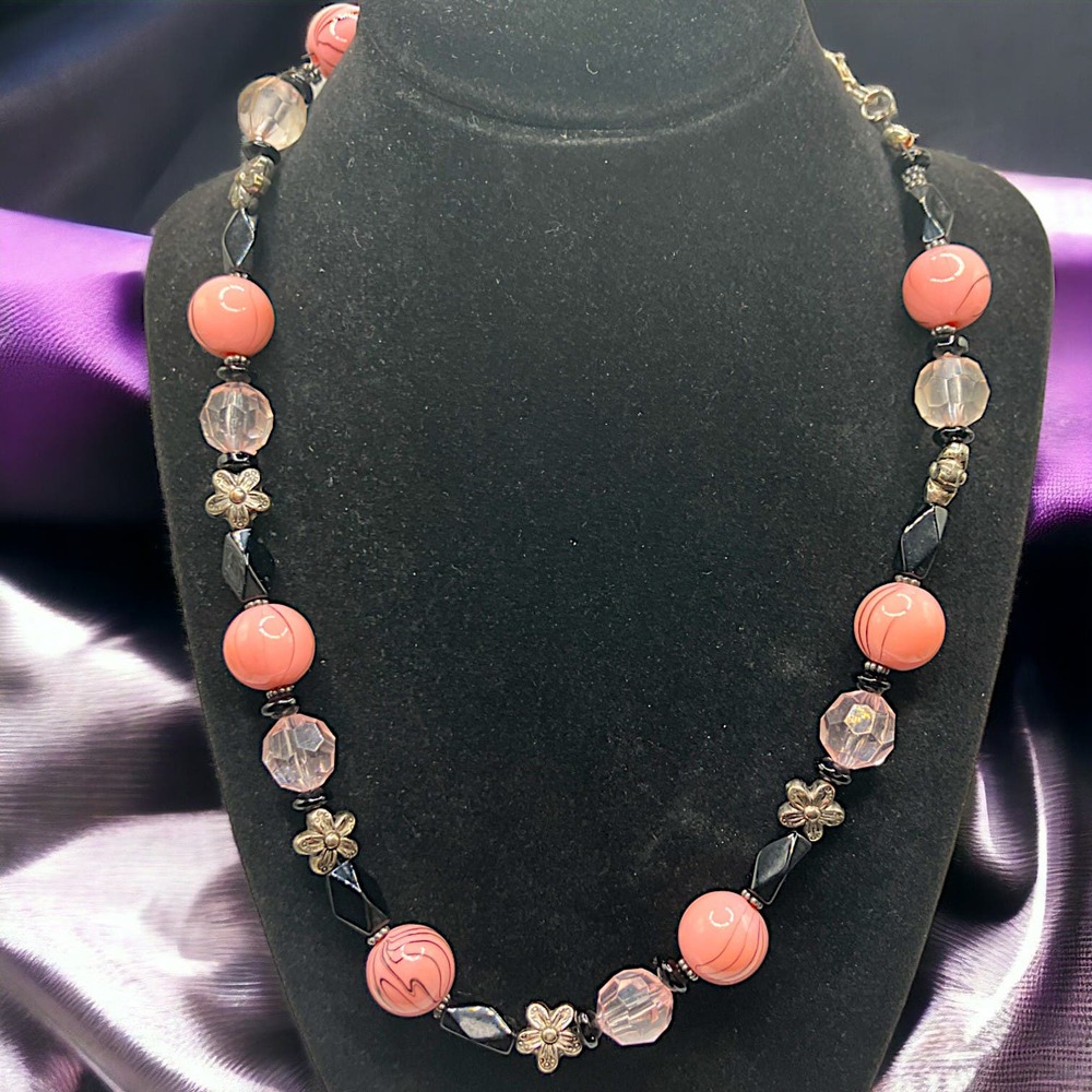 Pink Black Clear Beaded Silver-Tone Spaces Homemade 18.5" Necklace!